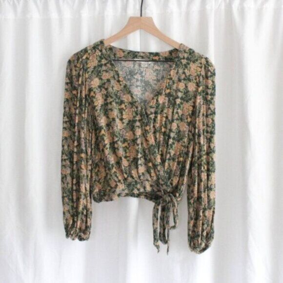 American Eagle Cropped Long Sleeve Floral Wrap Top with Tie - Extra Small - Picture 1 of 6